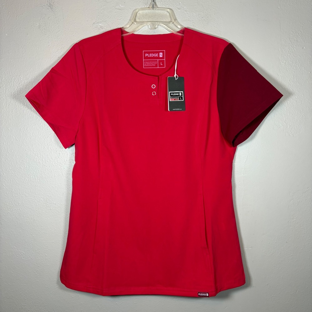 Pledge 5 Women Crew‎ Collar Scrub Top Bright Red Burgundy Contrast Sleeve Large